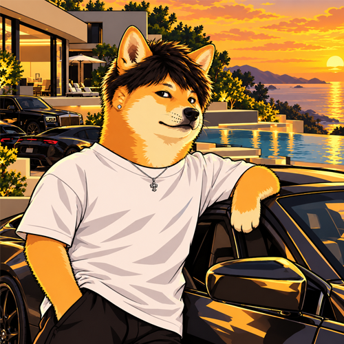 DogeKimchi leaning on a black sports car at sunset