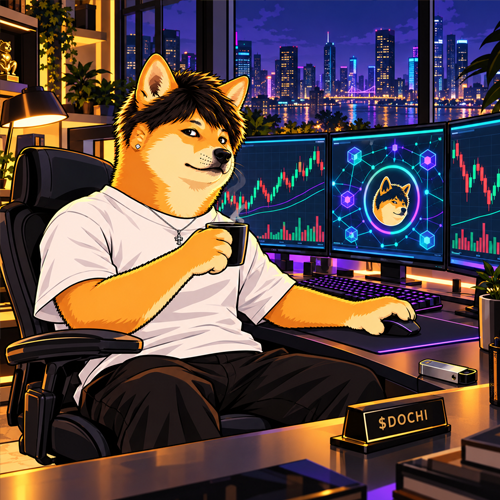DogeKimchi trading $DOCHI charts at night with a coffee