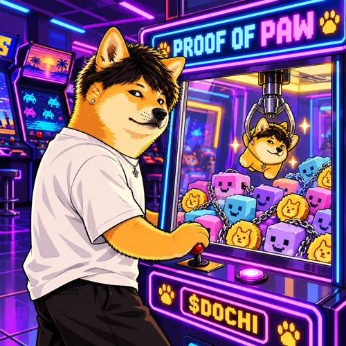 DogeKimchi playing a Proof of Paw claw machine in a neon arcade