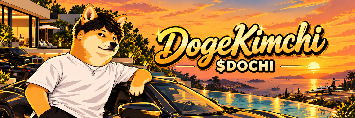 DogeKimchi banner with a sunset villa, sports car and private jet